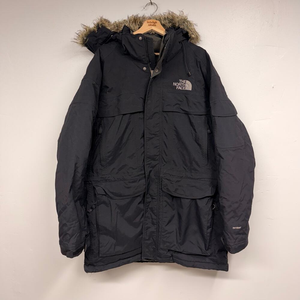 VTG North Face Men McMurdo Goose Down Parka SZ XL Hooded HyVent Black Jacket Fur - Picture 11 of 12